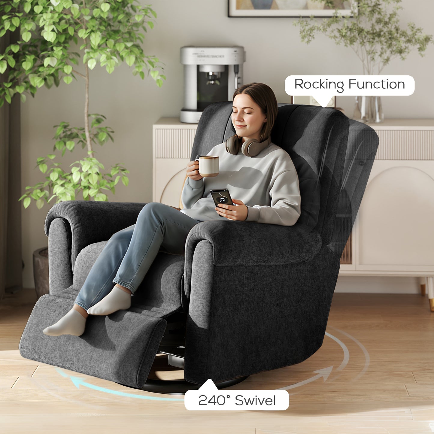 Power Recliner Chair, Fabric Upholstered Recliner Chair with USB Ports, Swivel and Rocking Function, Footrest, Black