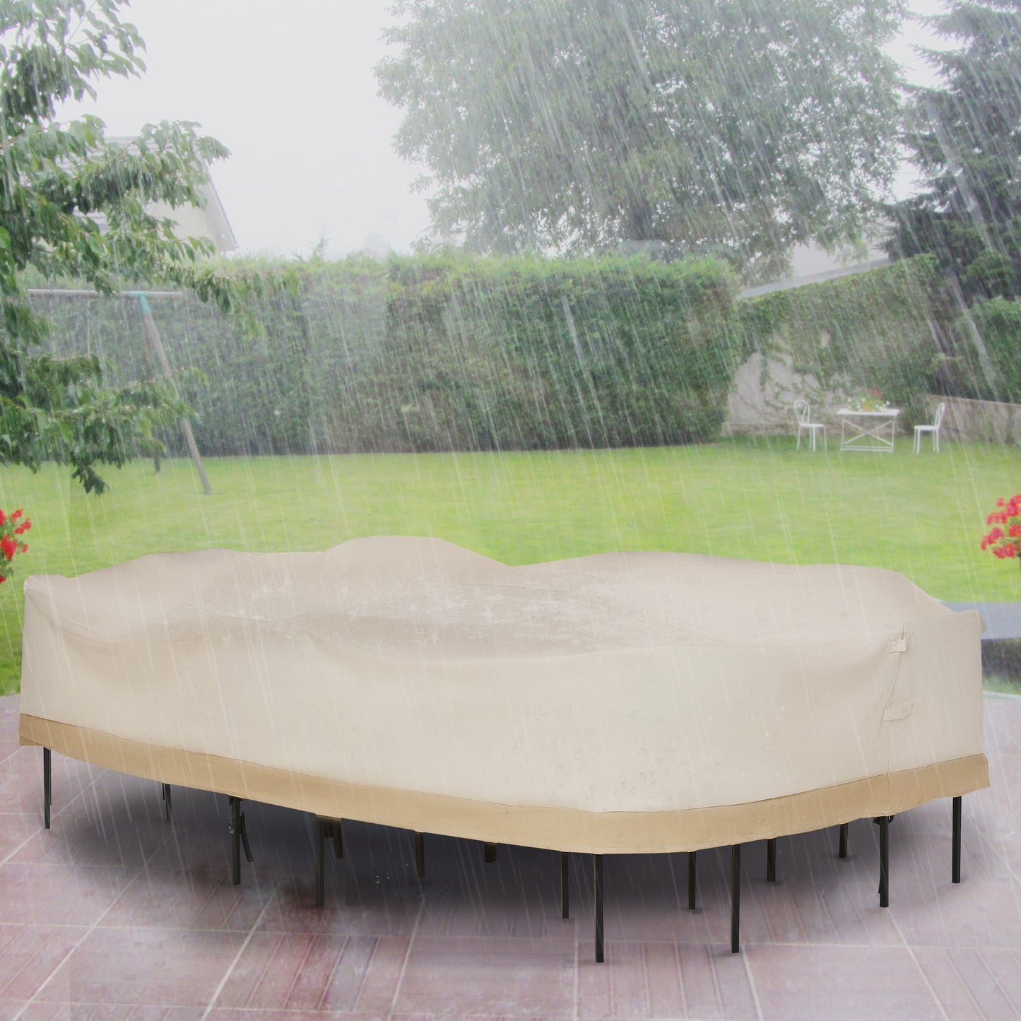 129.9-Inch Oval Patio Table and Chair Set Cover, Beige/Coffee Sofa Set