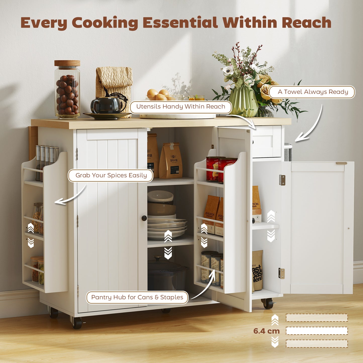 Kitchen Island Cart, Rolling Kitchen Island Table with Drop Leaf, Drawer, Spice and Towel Rack, White
