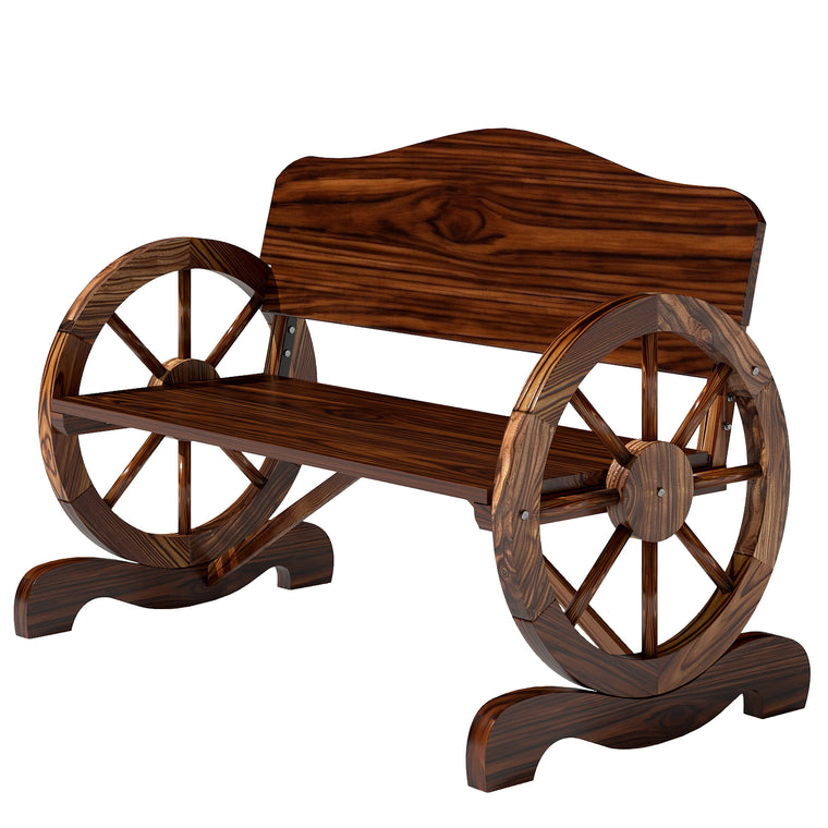 Carbonized Wood Garden Bench with Wagon Wheel Armrests