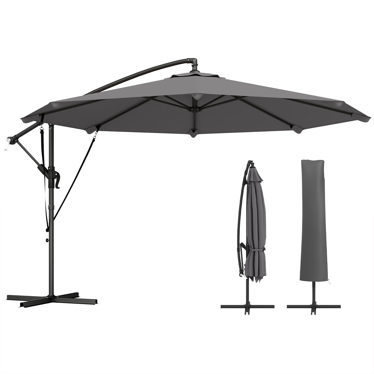10FT Cantilever Patio Umbrella with 8 Ribs, Offset Patio Umbrella with Cover and Wind Ropes for Garden, Yard, Dark Grey