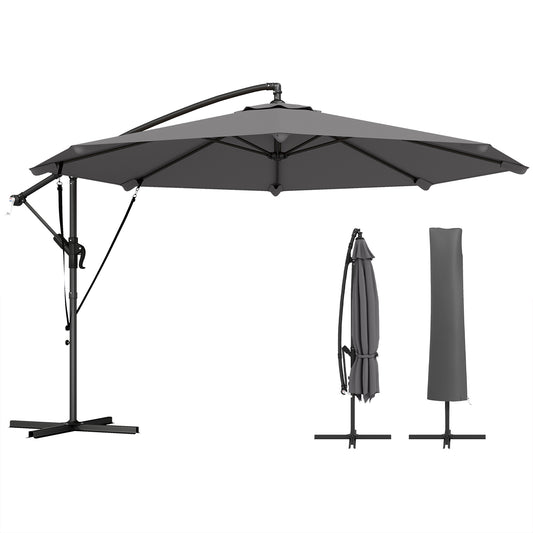 10FT Cantilever Patio Umbrella with 8 Ribs, Offset Patio Umbrella with Cover and Wind Ropes for Garden, Yard, Dark Grey