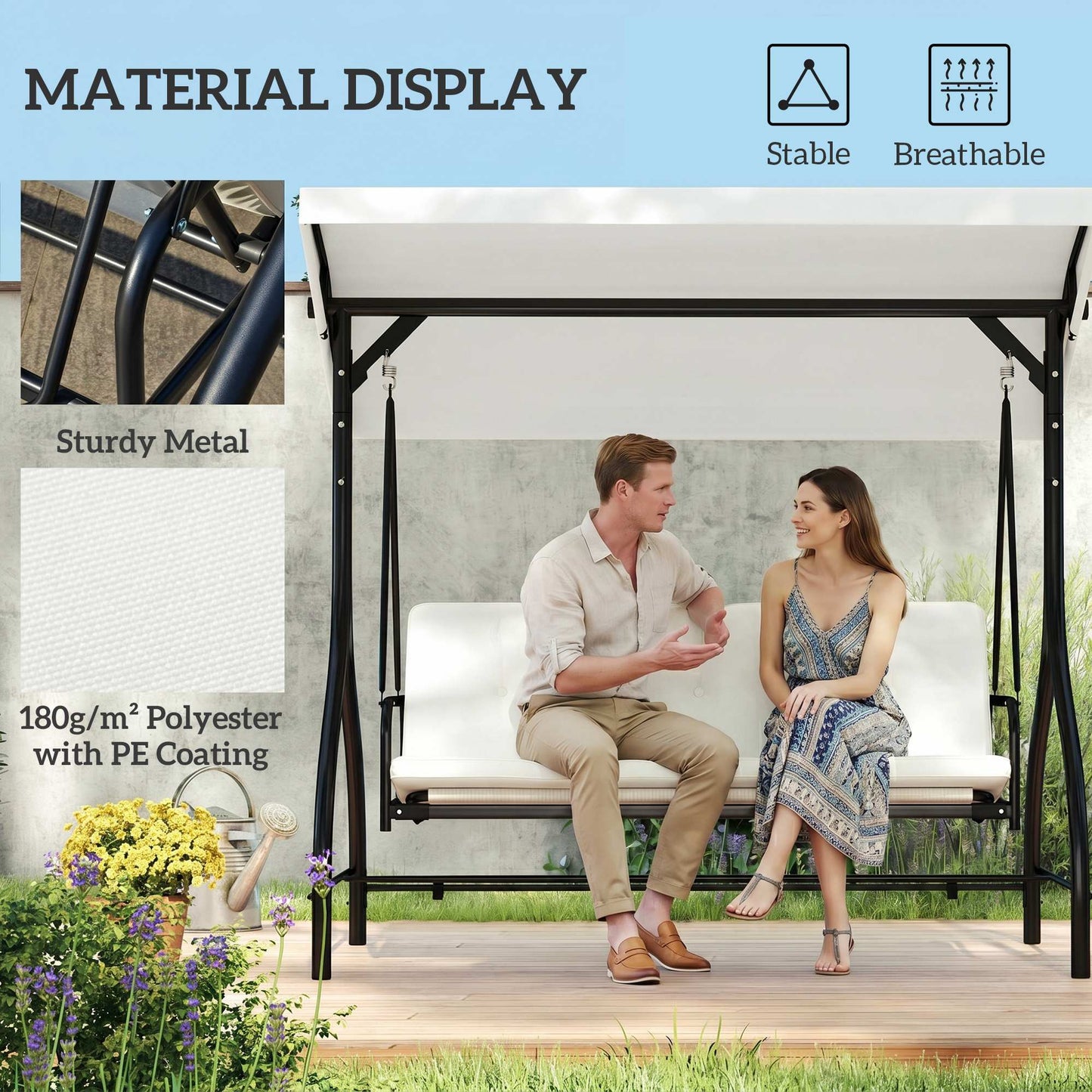 Convertible Patio Swing Bed with Canopy and Cushions, 3 Seater Porch Swing for Outdoor, Backyard, Garden, Beige