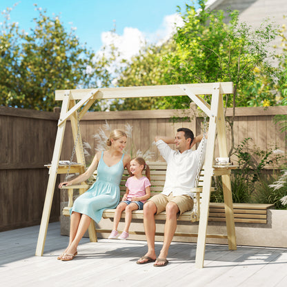 3-Seat Wooden Porch Swing with Stand and Side Tables