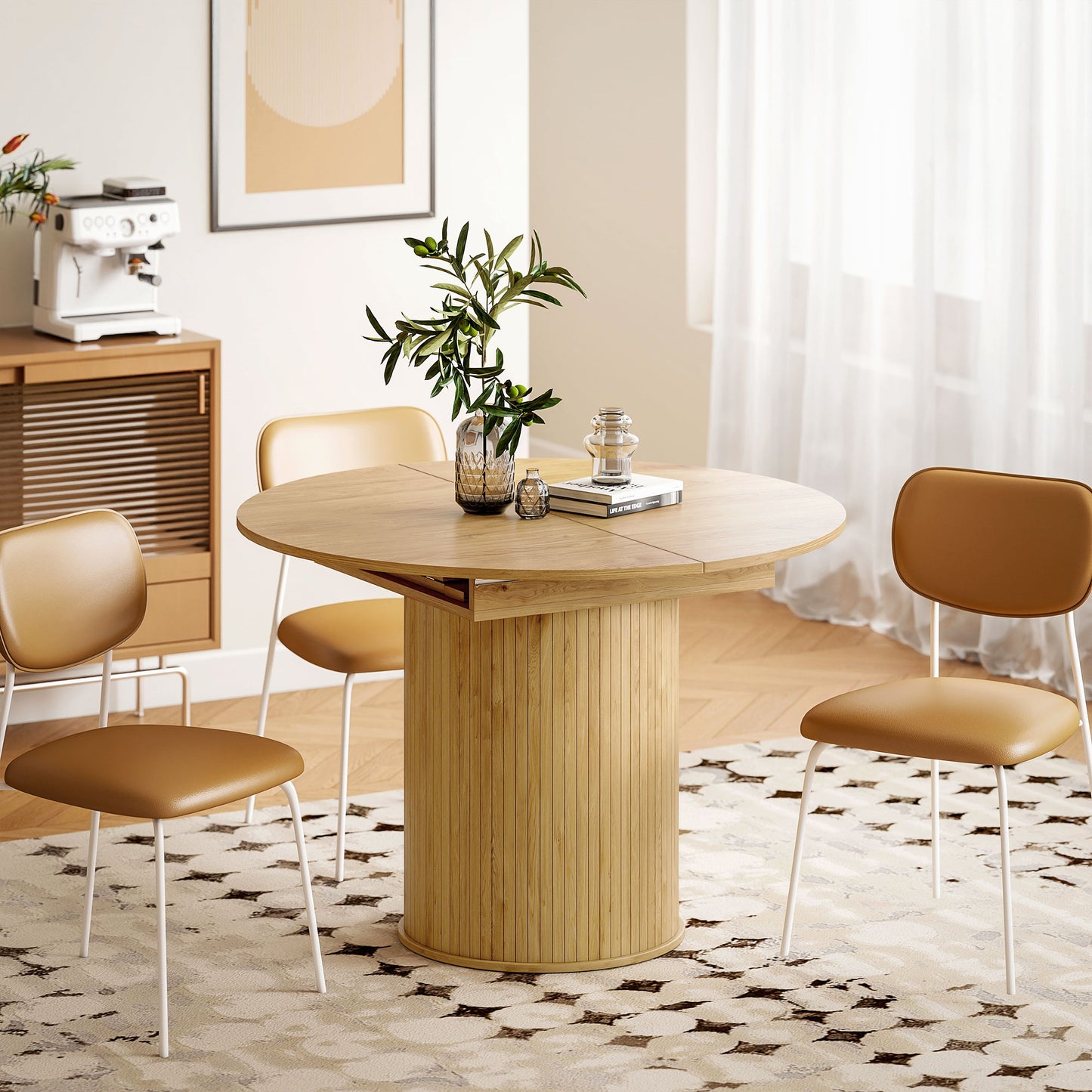 Extendable Kitchen Table for 6-8, 43.5"-59" Farmhouse Dining Table with Pedestal Base Natural Wood Finish