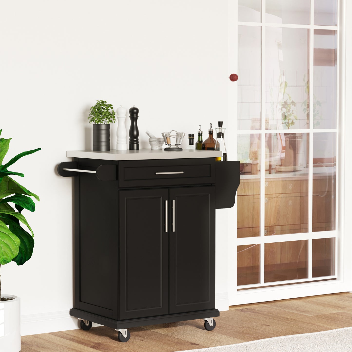 Kitchen Island with Stainless Steel Top, Rolling Kitchen Cart on Wheels with Storage Drawer, Cabinet, Towel Rack and Spice Rack (Black)