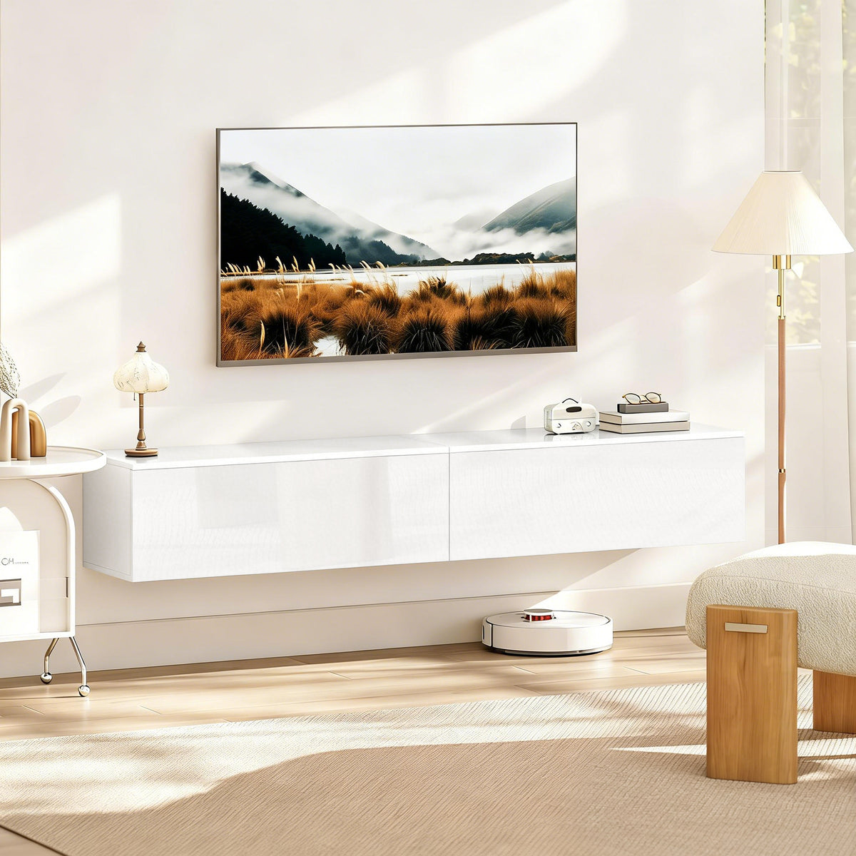 Floating TV Stand for TVs up to 75 Inch, 70.9" TV Cabinet, Entertainment Center with 2 Flip Doors, High Gloss White