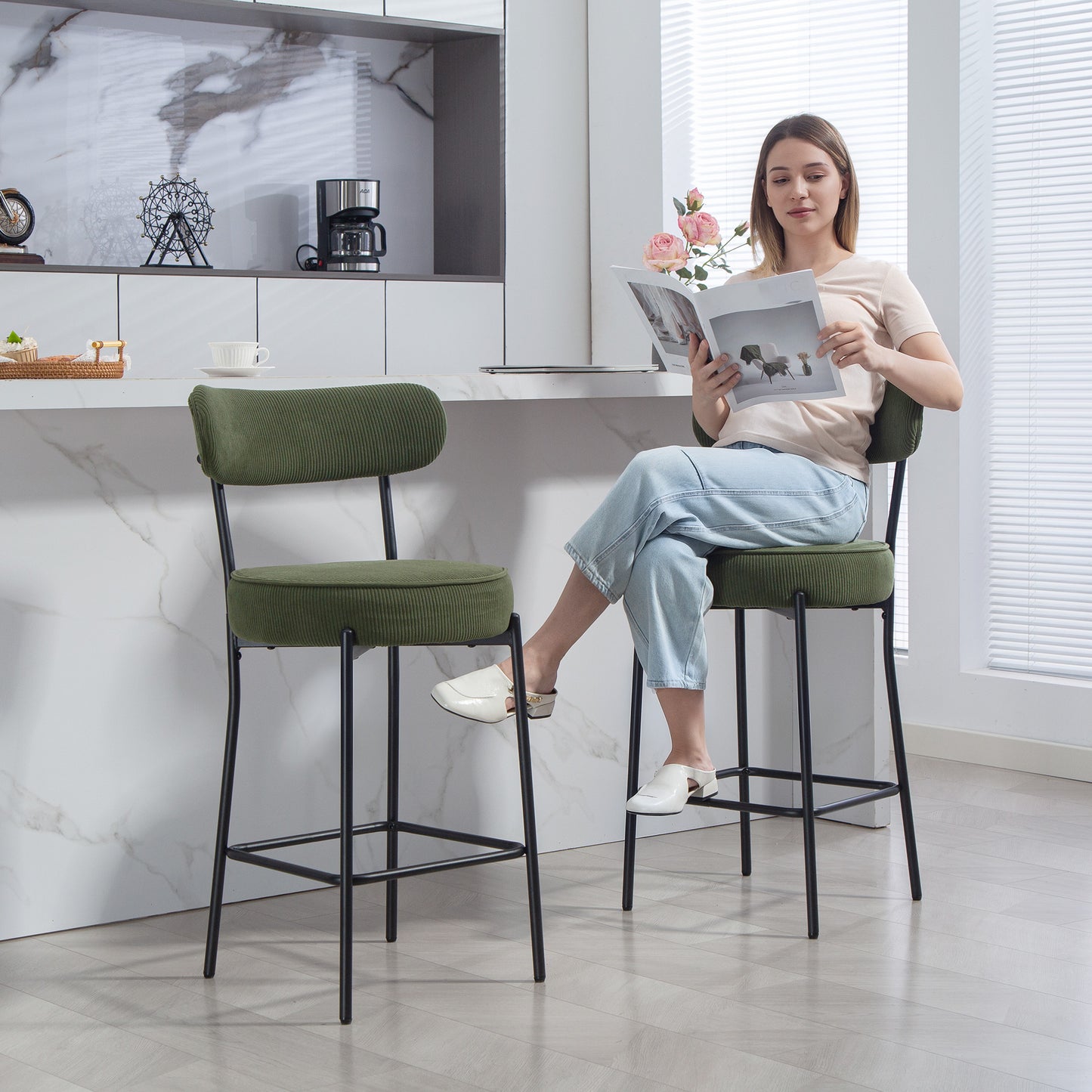 Set of 2 Barstools, Upholstered Corduroy Bar Stools with Backrest, Footrest for Kitchen Island, Dining Room, Green