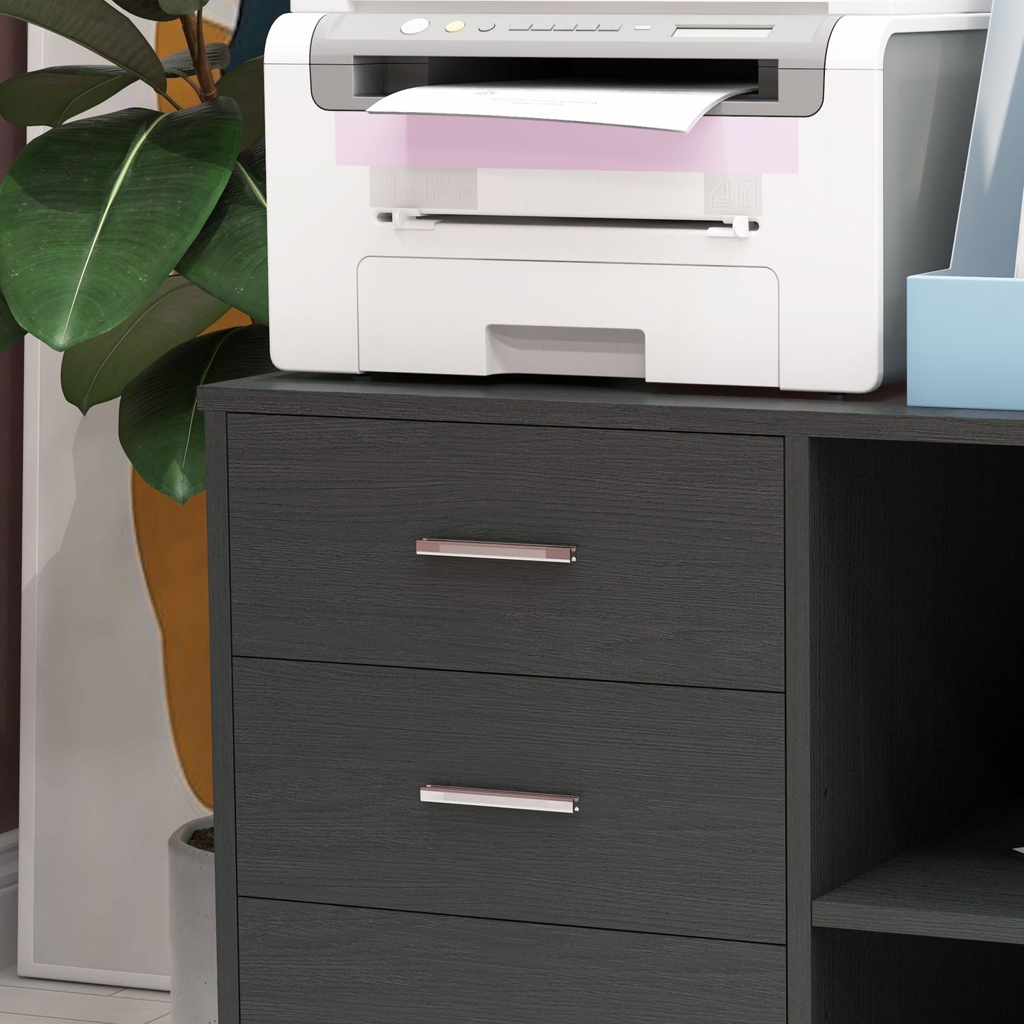 Modern Lateral Filing Cabinet, 3 Drawer File Cabinet for Letter and A4 Size Documents, Mobile, Printer Stand with Open Shelves, Rolling Wheels, Black