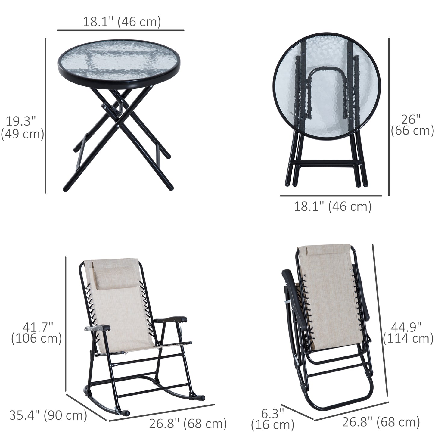 3pc Patio Rocking Chair Set, Folding Outdoor Rocking Chairs and Table Bistro Set w/ Breathable Mesh Seat & Backrest, Headrest for Park, Backyard, Garden, Grey