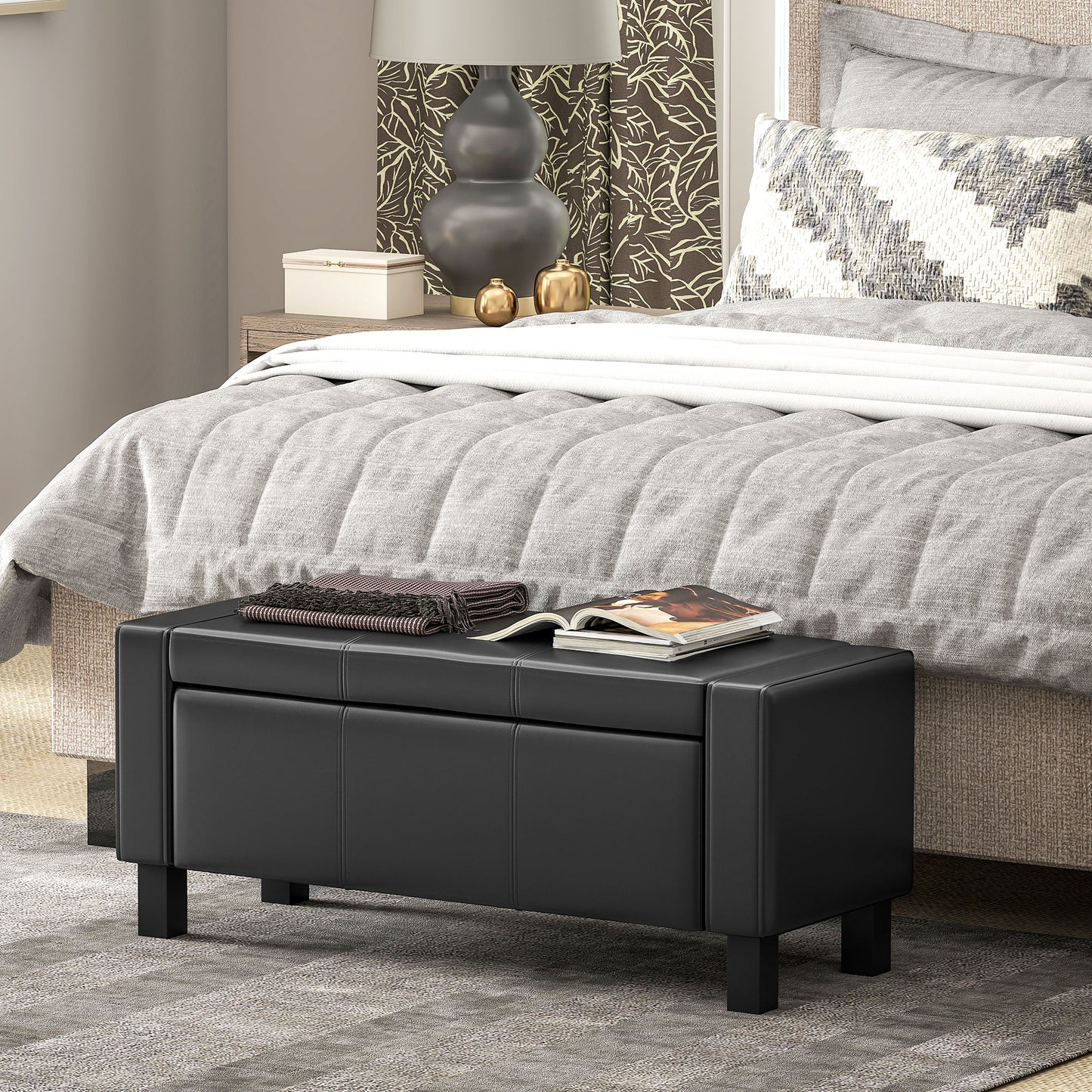 42" Deluxe Faux Leather Padded Storage Ottoman Bench Foot Stool Seat Chair with Organizer, Black