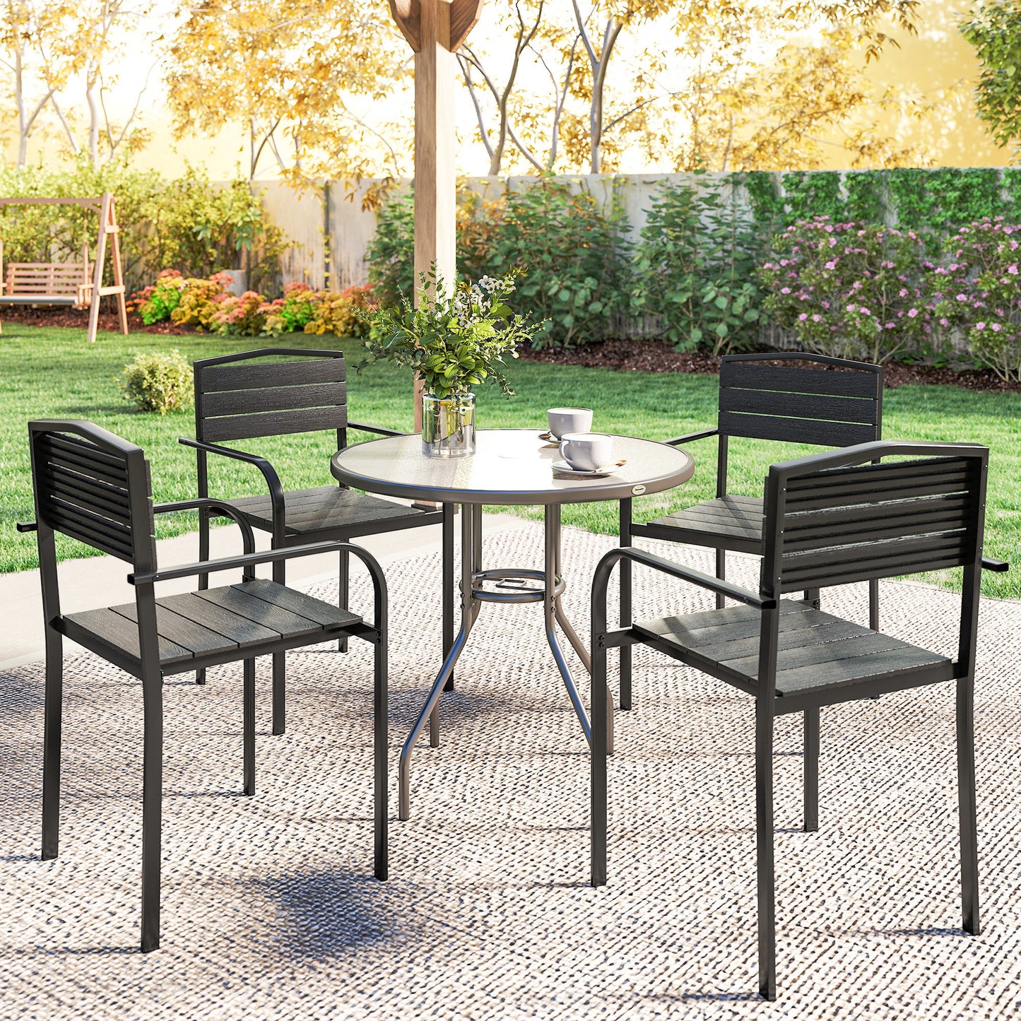 Stackable Patio Chairs Set of 4, Outdoor Dining Chairs with Slatted HDPE Seat, Armrests for Garden, Backyard, Black