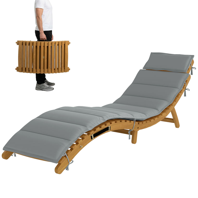 Acacia Wood Folding Chaise Lounge with Cushion and Headrest