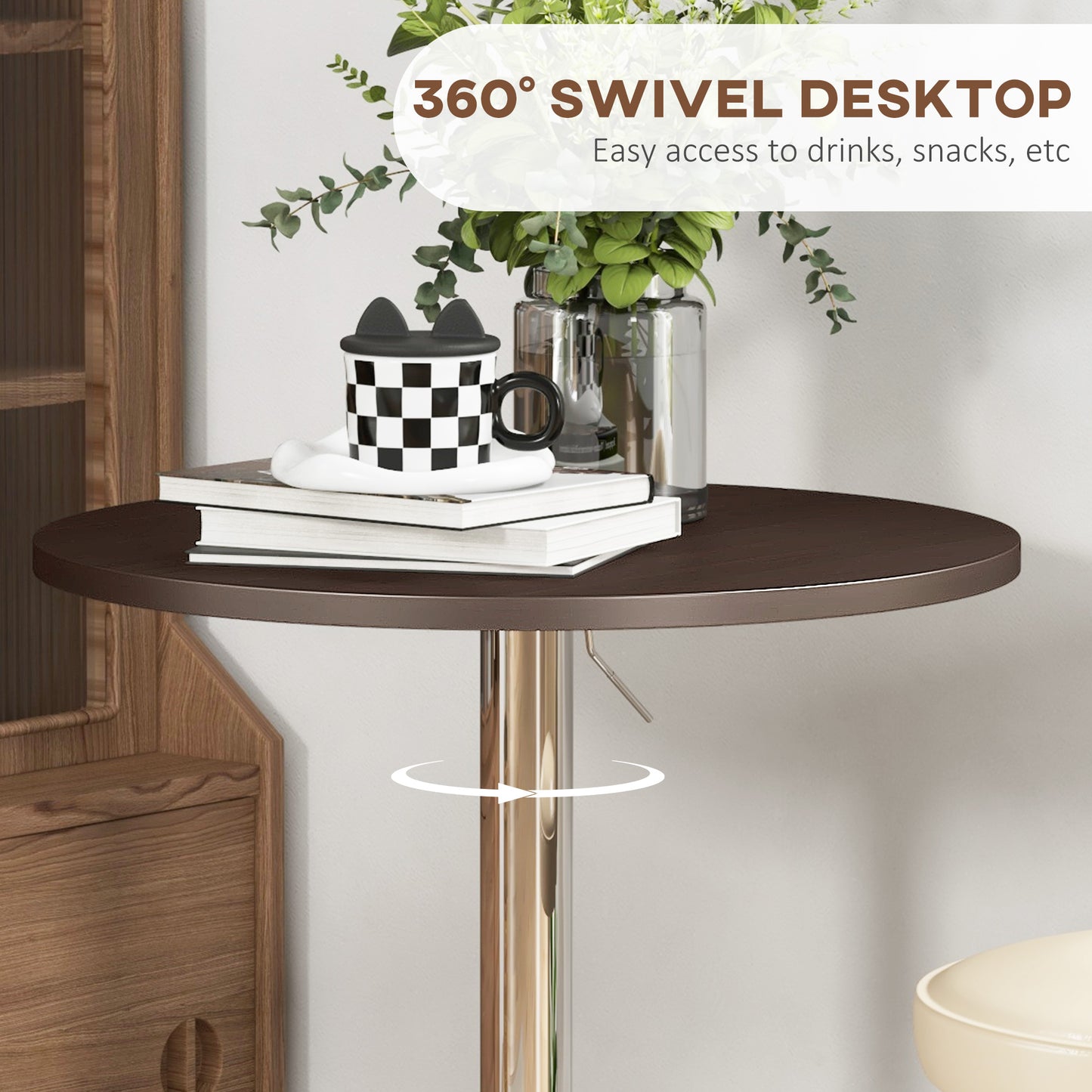 High Top Bar Table, Adjustable Round Kitchen Table with Swivel Top and Steel Base, Bistro Table for 2 People, Walnut
