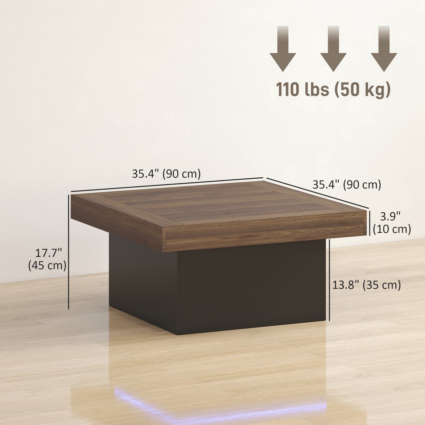 Square Coffee Table with 16-Colour LED Lights, 35-inch Modern Center Table for Living Room, Walnut