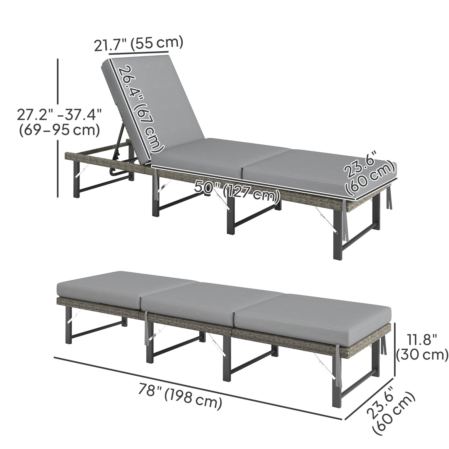 Folding Outdoor Lounge Chair, Wicker Chaise Lounge Tanning Chair with Cushion for Beach, Poolside, Garden, Grey
