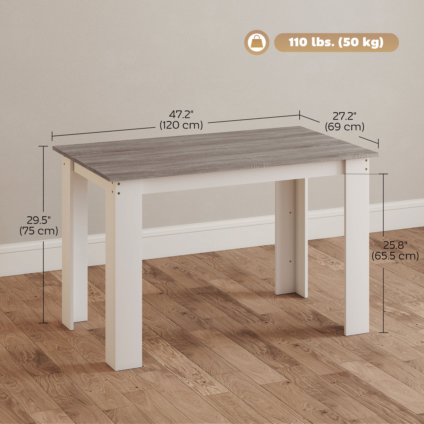 47" Kitchen Table for 4-6 People, Dining Table with Wood Effect for Dining Room, Grey
