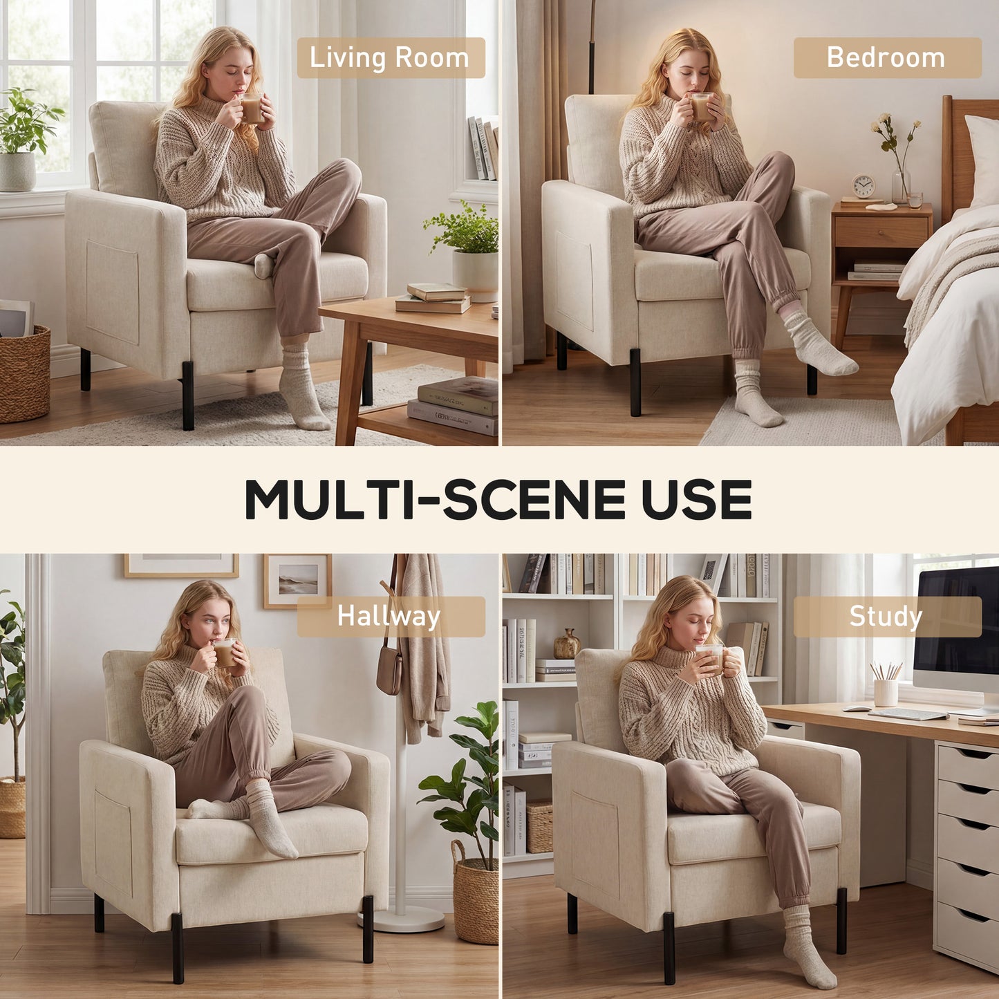 Accent Chair Modern Upholstered Armchair with Side Pockets and Cushion for Bedroom, Living Room, Beige