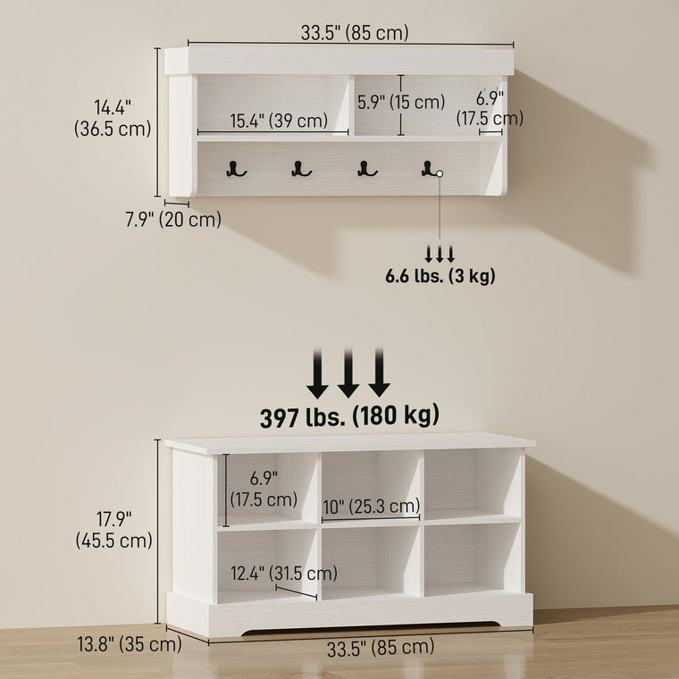 Entryway Shoe Bench with 8 Cubbies and Coat Rack - White