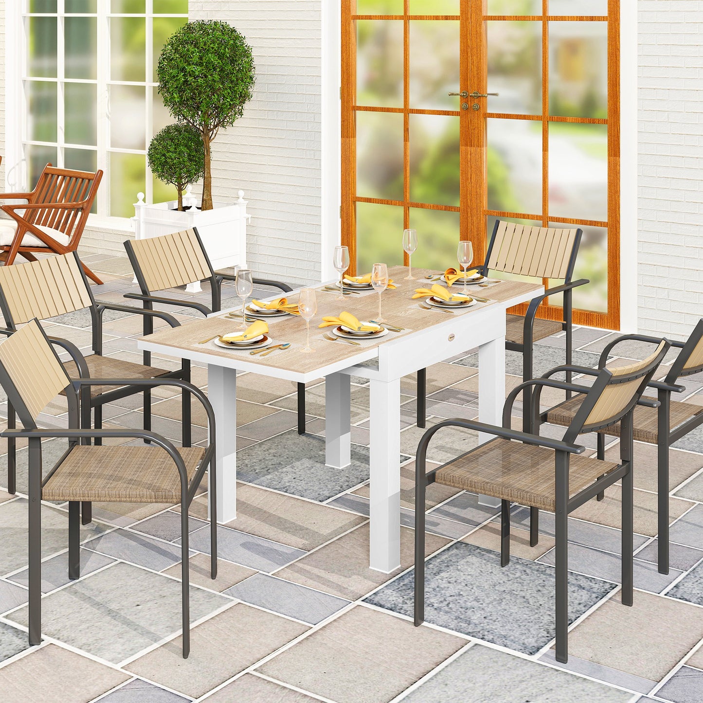 Extendable Patio Dining Table, Aluminum Frame Outdoor Patio Table with Faux Wood Top for Garden Backyard, Natural Wood
