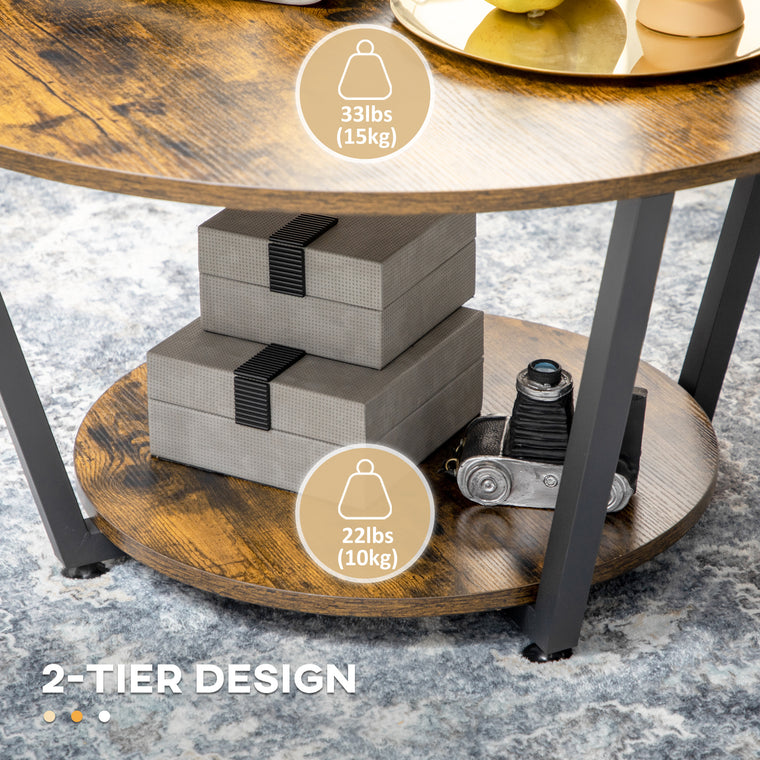2-Tier Round Coffee Table with Storage - Rustic Brown