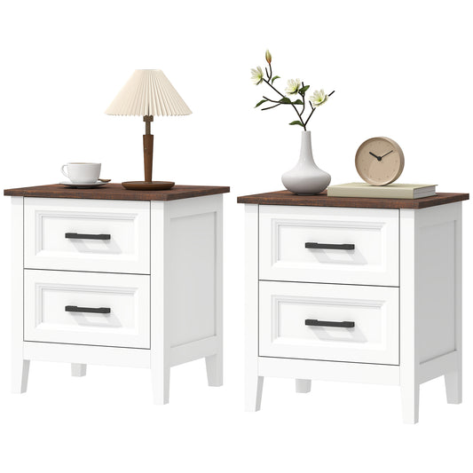 Farmhouse Nightstand Set of 2 with 2 Drawers - White