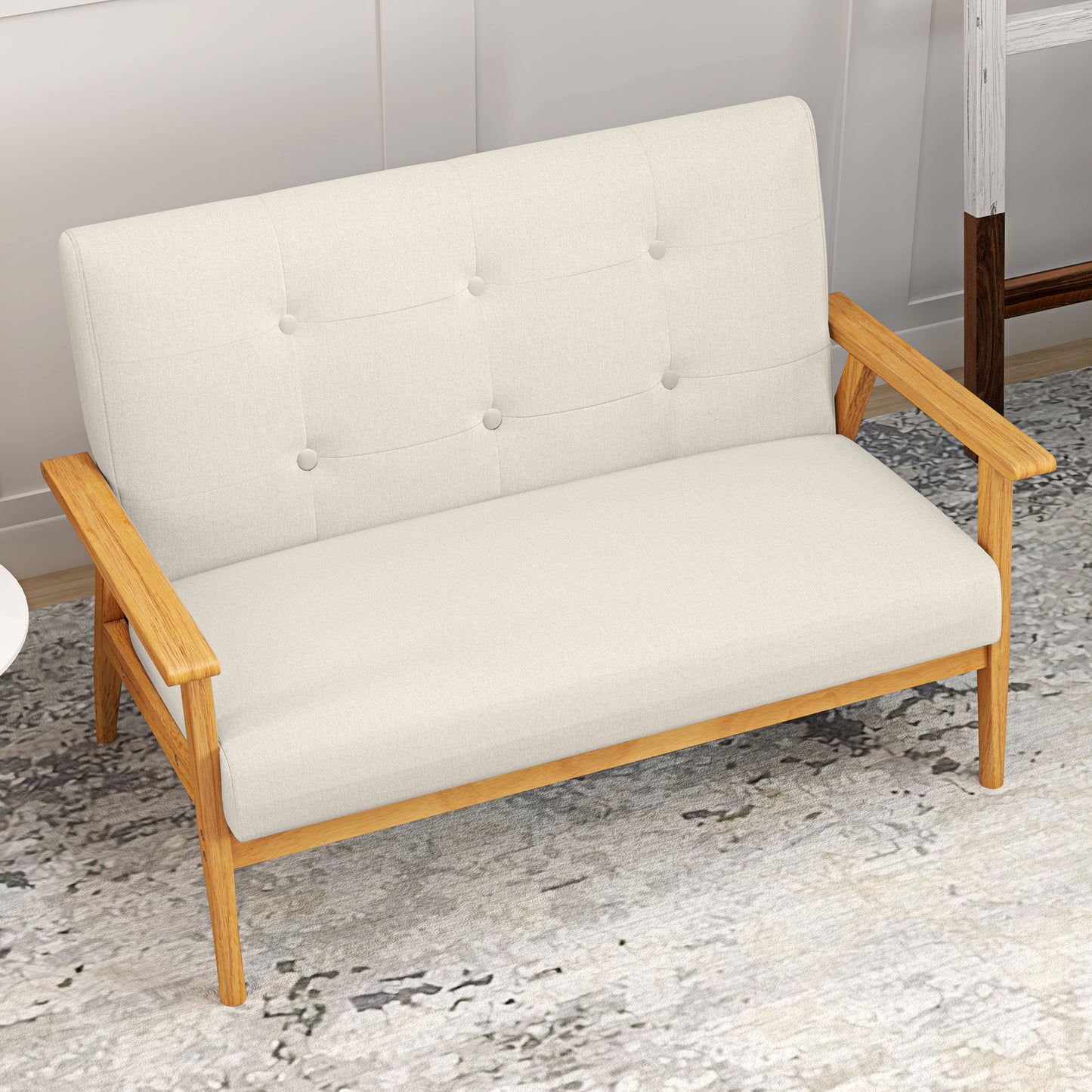 45" 2 Seat Sofa, Upholstered Two Seater Couch with Rubber Wood Legs for Bedroom, Living Room, Beige