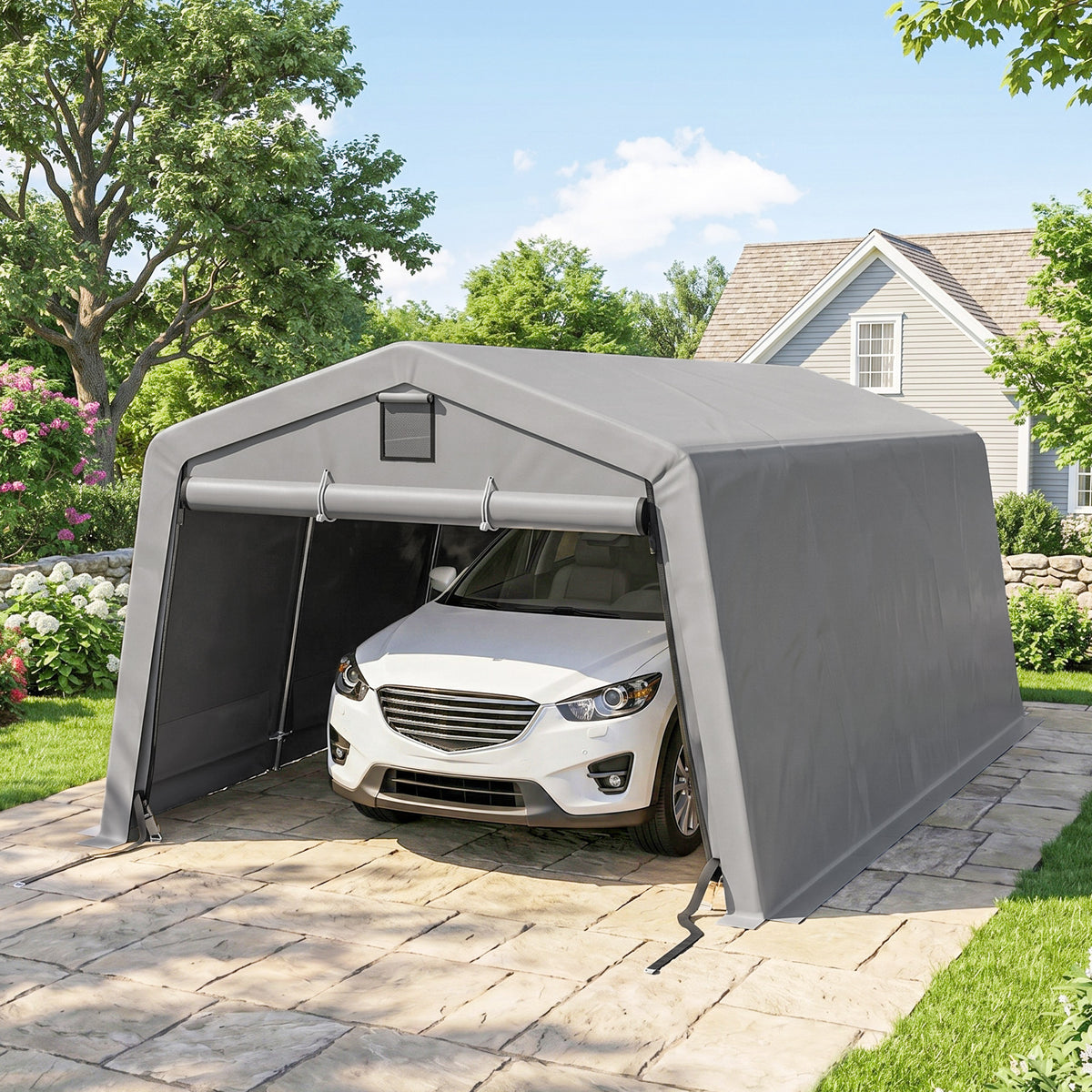 Portable Garage, Heavy Duty Carport Canopy with Ventilation Windows and Large Roll-up Door, Dark Grey - 11' x 20'