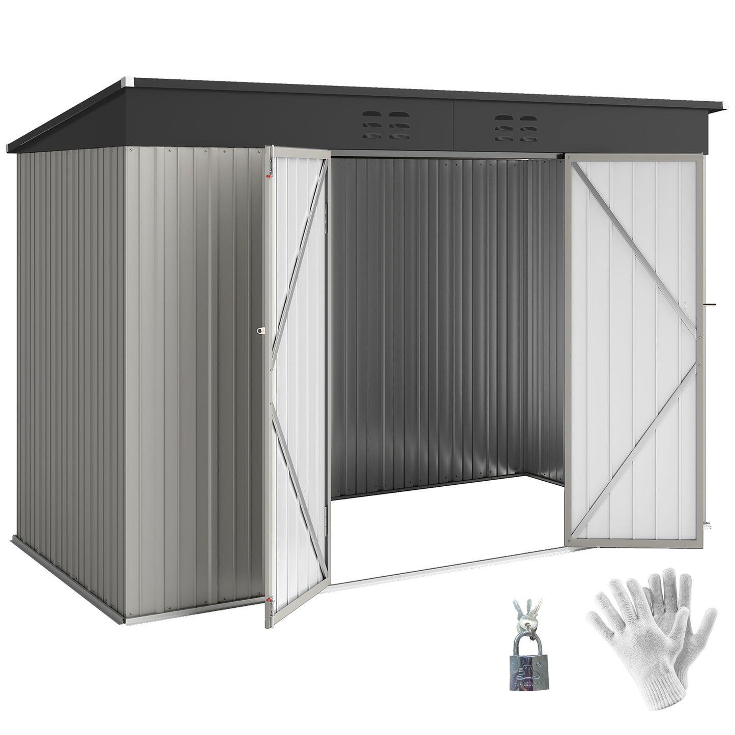 9' x 4' Galvanized Steel Garden Storage Shed with Lockable Doors, Gloves and 2 Air Vents for Backyard, Patio, Lawn