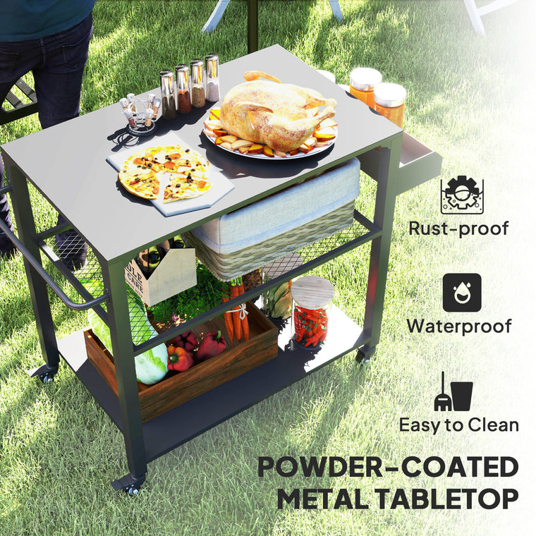3-Tier Grill Dining Cart with Storage Rack & Side Handle