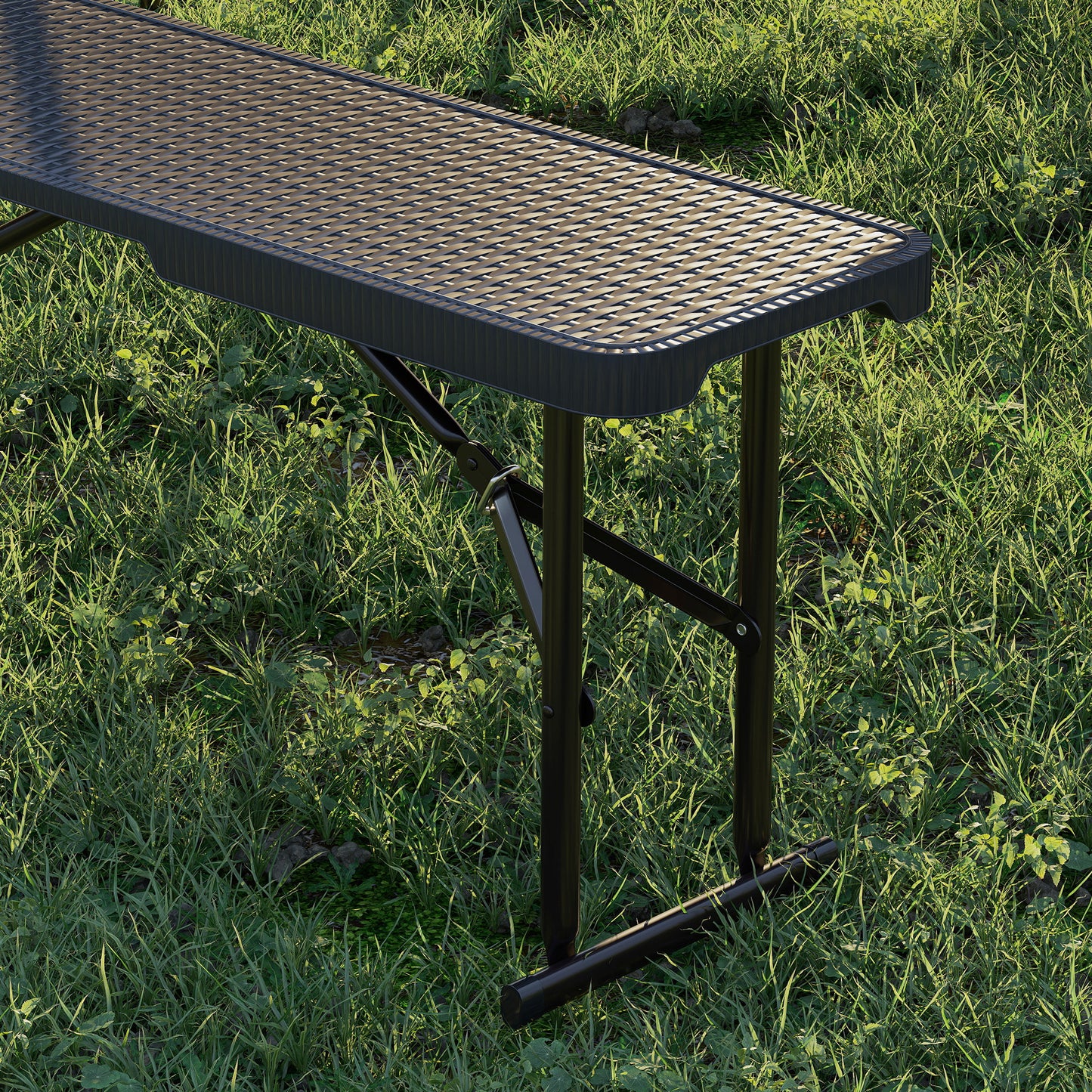 6FT 3PCS Faux Rattan Outdoor Camping Table Bench Set with Carrying Handles, Folding Picnic Table with 2 Benches, Black