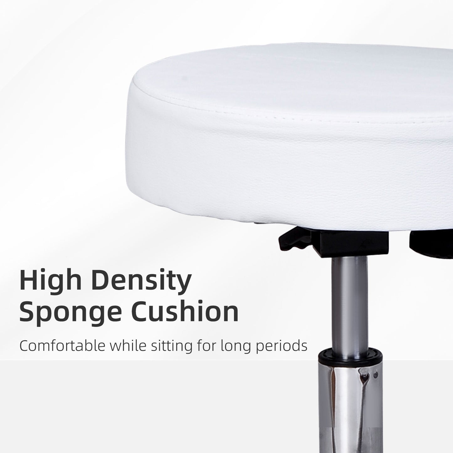Rolling Stool with Wheels, Swivel Stool with Back Support, Adjustable Height, PU Leather Drafting Chair for Home Office, White