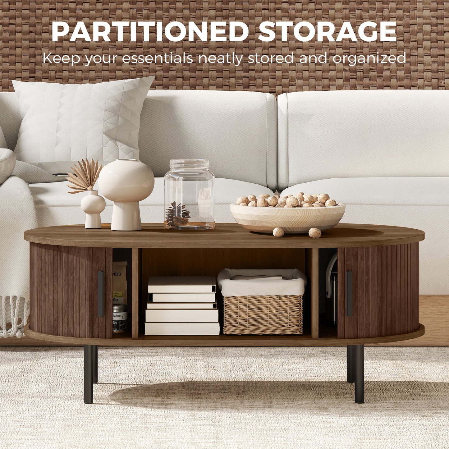 Coffee Table with Sliding Tambour Doors and Storage Center Table with Metal Legs, 39", Brown