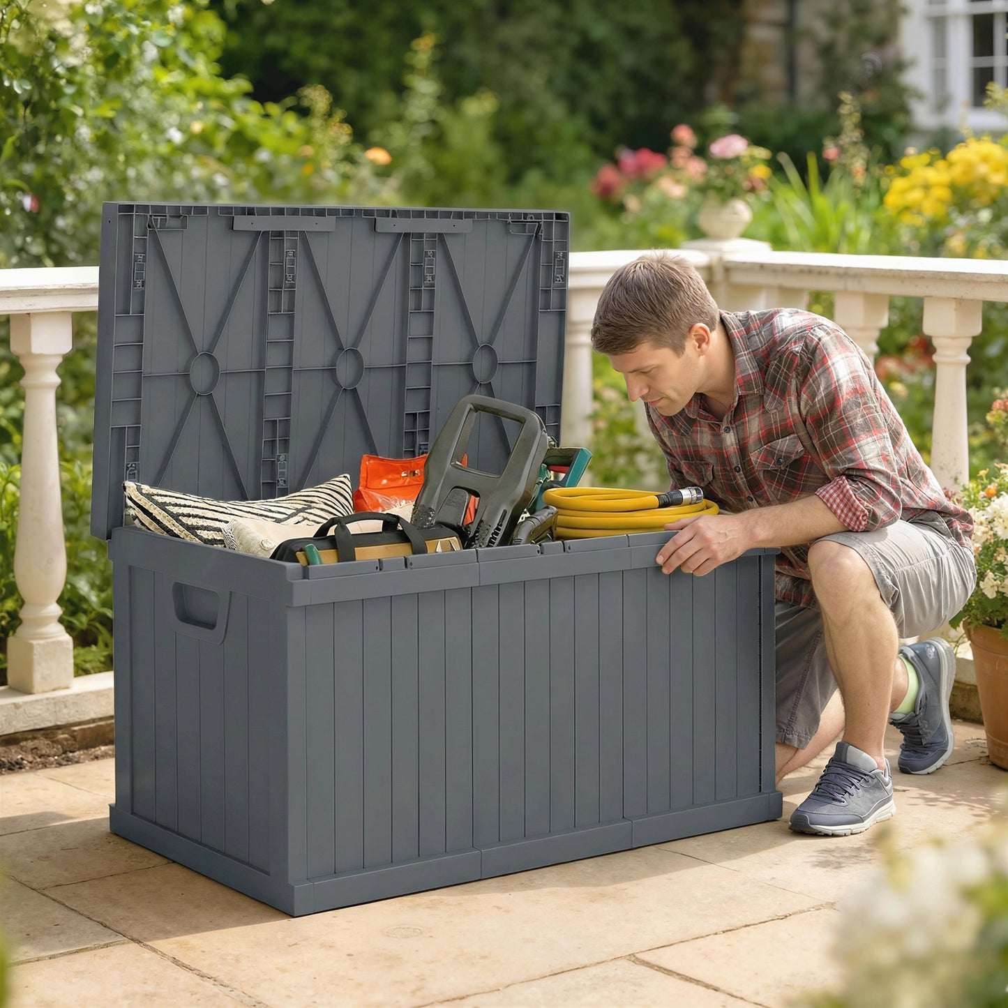 70-Gallon Resin Deck Box with Handles - Dark Grey