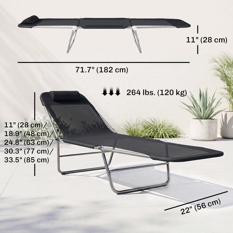 Portable Folding Chaise Lounge with Pillow - Black