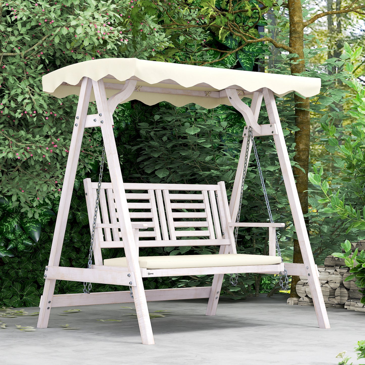 2 Seater Patio Swing with Stand, Canopy and Cushion, Outdoor Swing Chair Wooden Swinging Bench