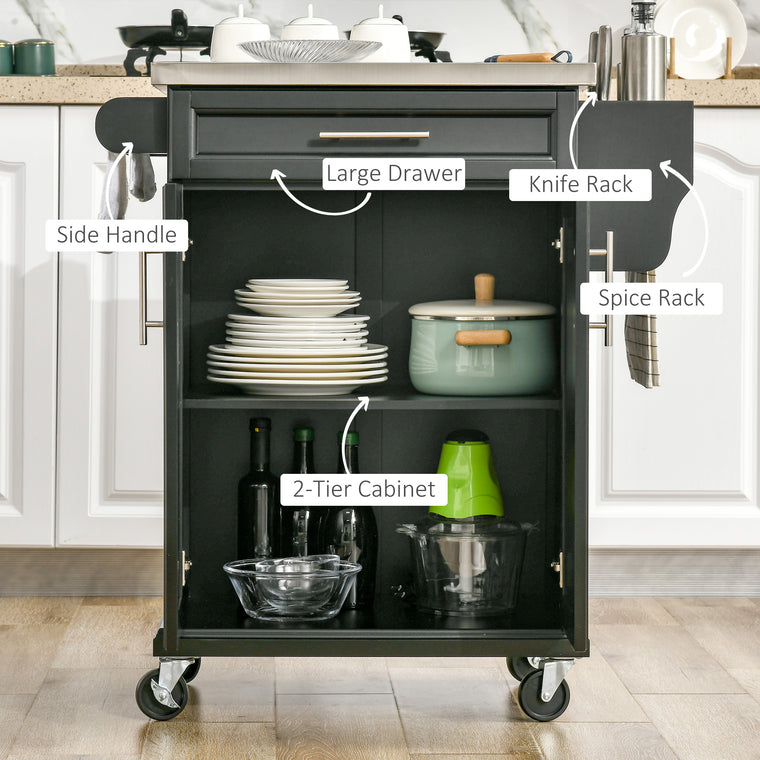 Rolling Kitchen Island with Stainless Steel Top - Black