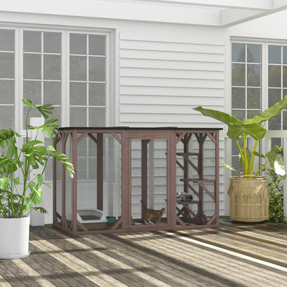 71" Brown Catio Outdoor Cat Enclosure with Multi-Level Platforms