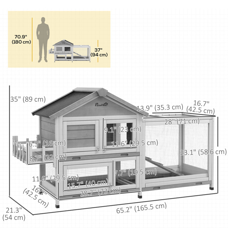 65" Grey Wooden Rabbit Hutch with Openable Roof & Storage Box