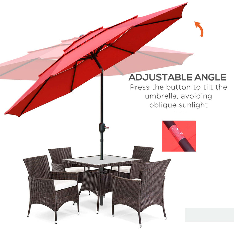 9FT Red 3-Tier Market Umbrella with Crank & Tilt