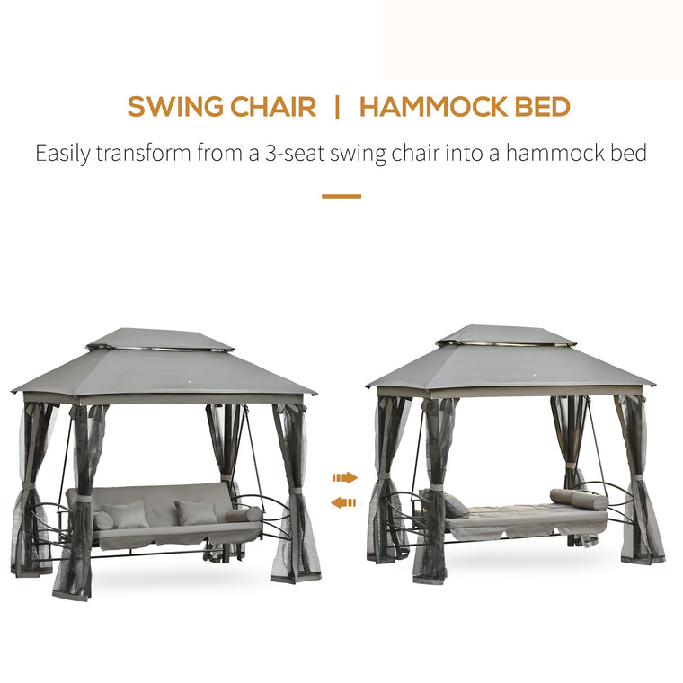 3-Person Dark Grey Swing Chair Daybed with Canopy & Sun Shade