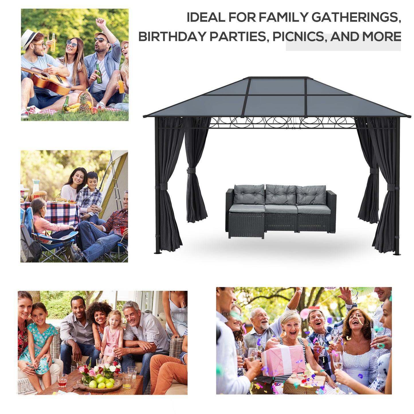 Polycarbonate Hardtop Gazebo Canopy, Outdoor Patio Gazebo with Aluminum Frame & Curtains, Dark Grey