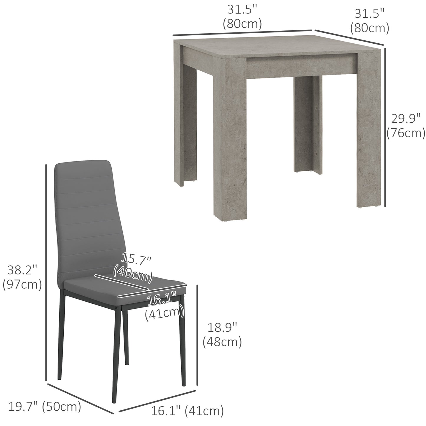 Dining Table Set for 2, Square Kitchen Table and Chairs, Dining Room Table and PU Leather Upholstered Chairs, Grey