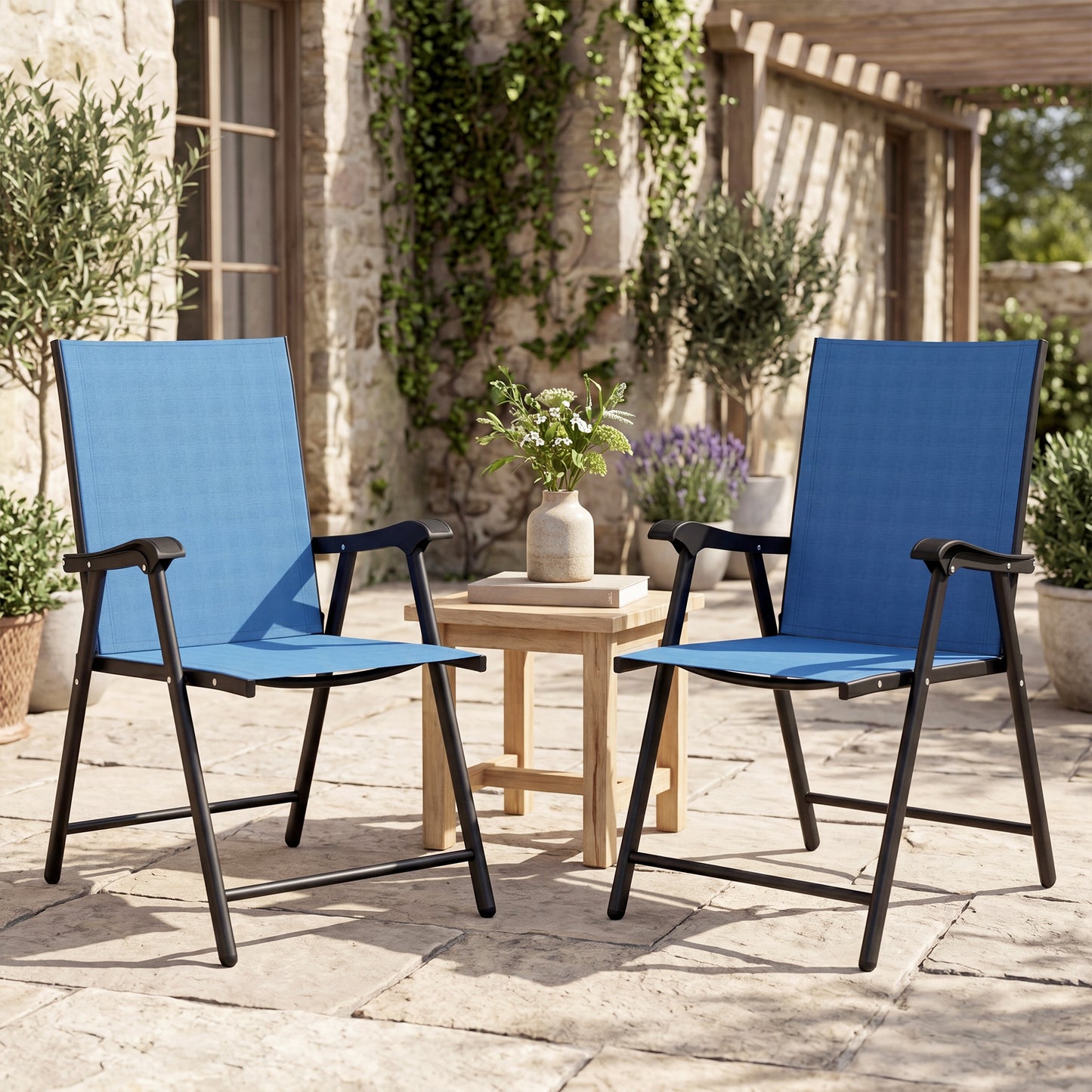 Folding Patio Chairs Set of 2, High Back Outdoor Dining Chairs with Breathable Mesh Seat for Lawn, Deck, Blue