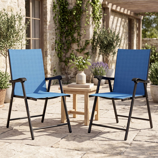Folding Patio Chairs Set of 2, High Back Outdoor Dining Chairs with Breathable Mesh Seat for Lawn, Deck, Blue