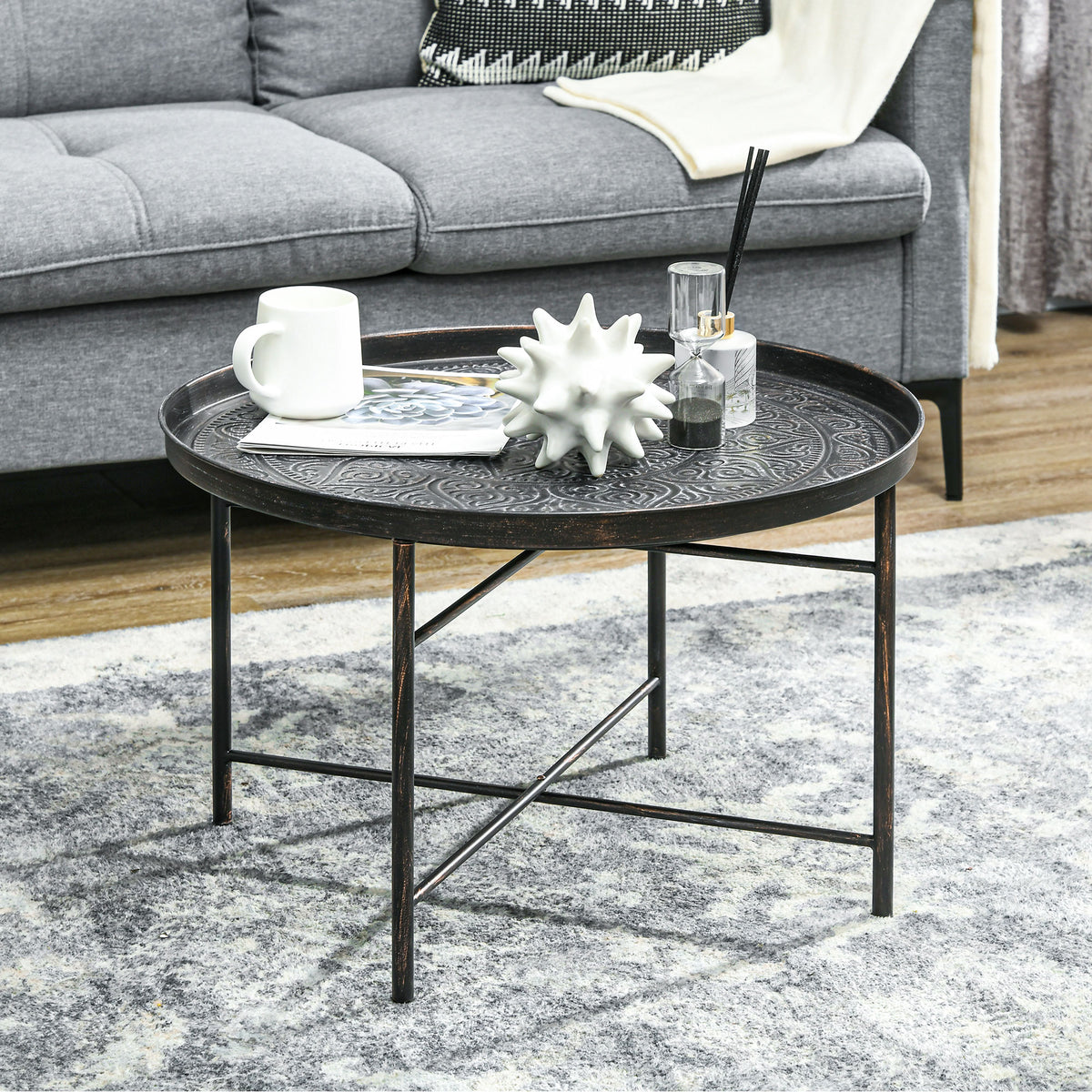 Vintage Coffee Table for Living Room, 24" Round Center Table with Hammered Tray Top and Metal Frame, Pewter