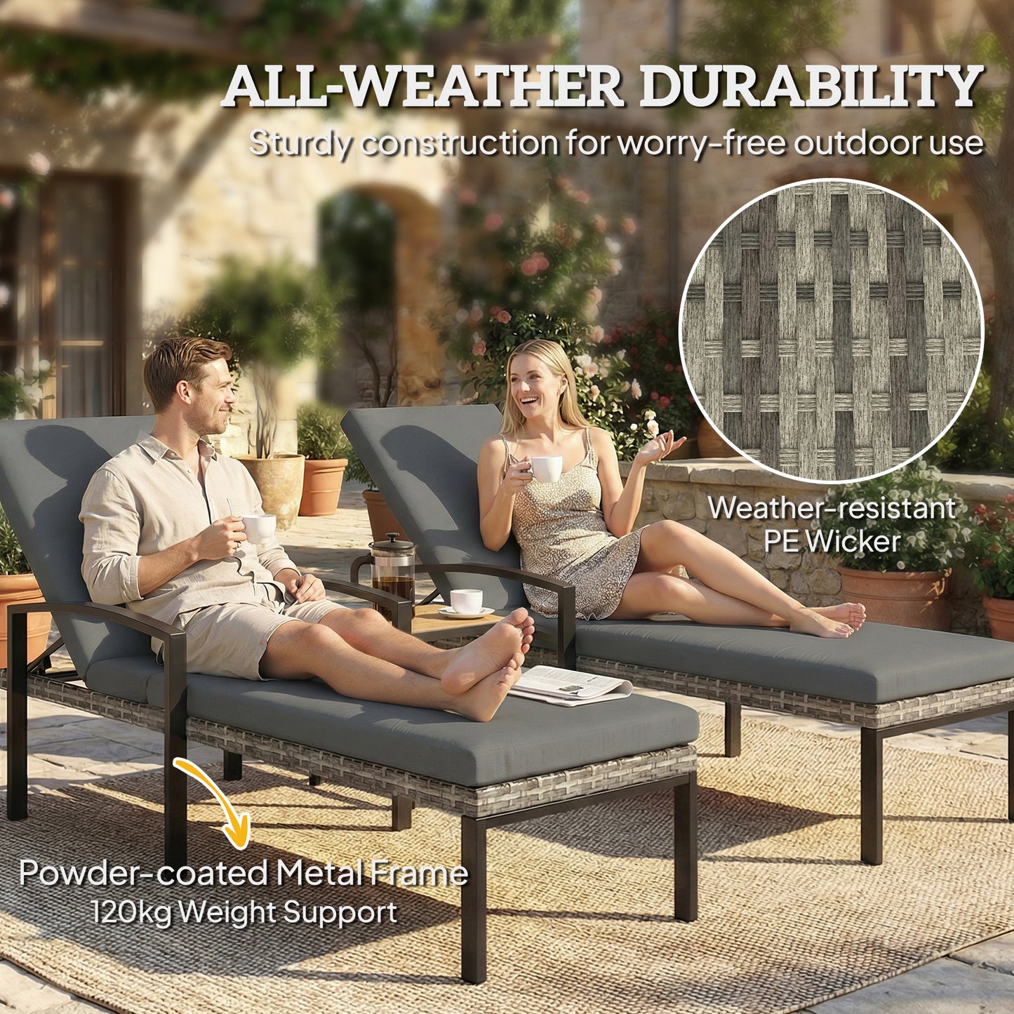 Chaise Lounge Chairs Outdoor, Set of 2 Wicker Patio Lounge Chairs with 5-Level Adjustable Backrest, Cushion