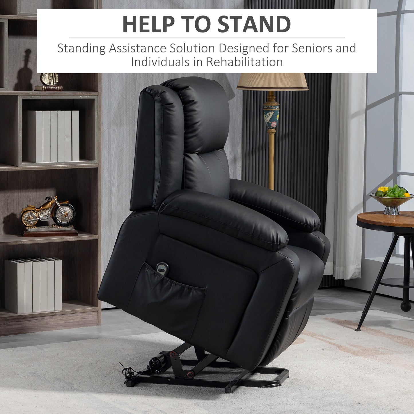 Lift Chair for Seniors, PU Leather Upholstered Electric Recliner Chair with Remote, Side Pockets, Quick Assembly, Black