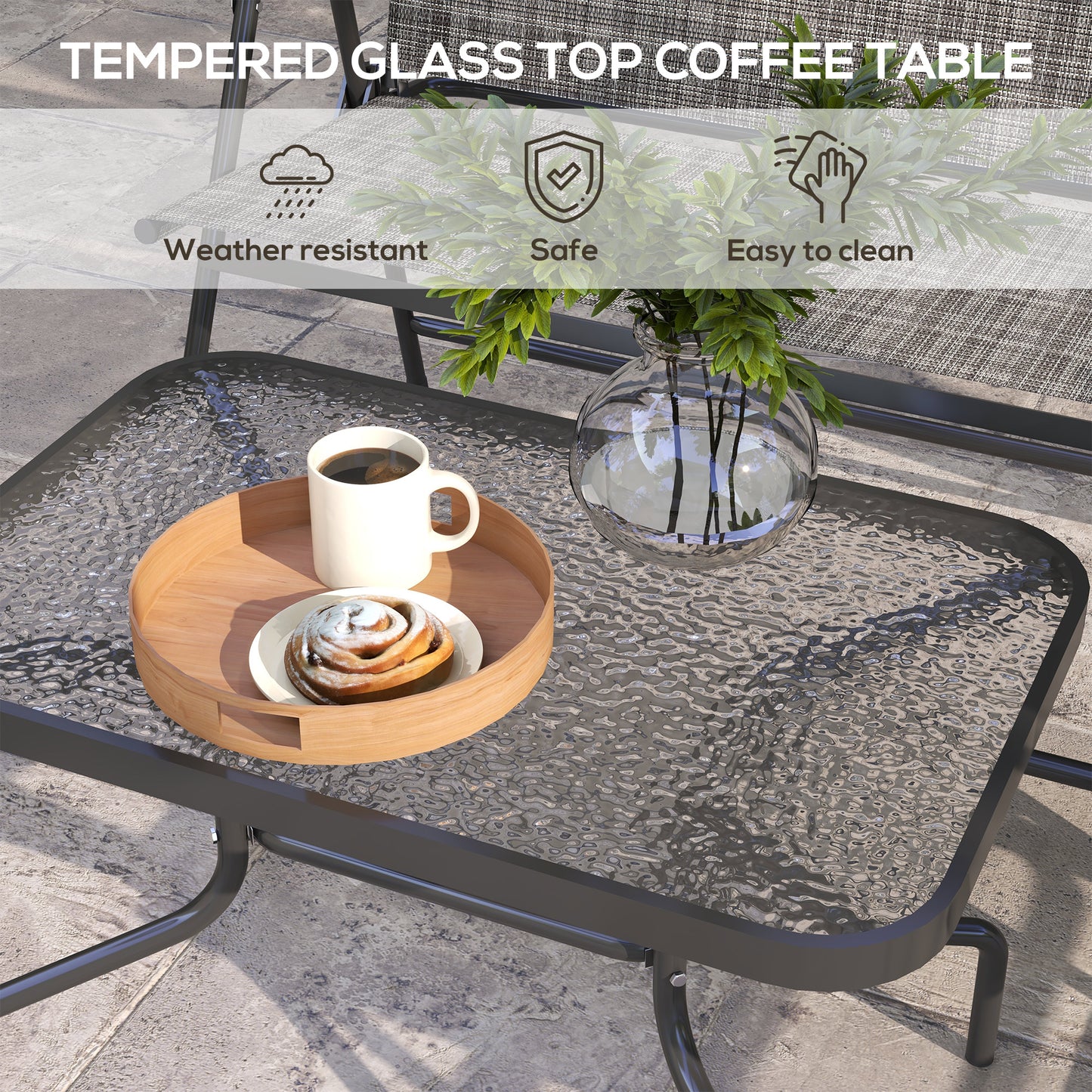 Outdoor 4 Pieces Patio Furniture Set, Garden Set with Two Foldable Armchairs, a Loveseat & Glass Top Table, Mixed Grey