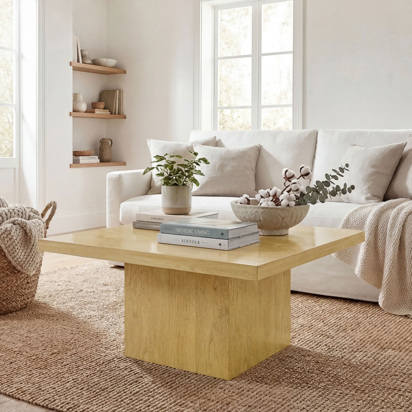 Square Coffee Table, Center Table with 1.6" Thick Tabletop, Natural Wood